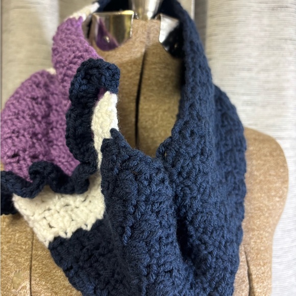 Handmade New Crochet Scarf/Cowl in Purple, White, and Navy - Picture 2 of 5